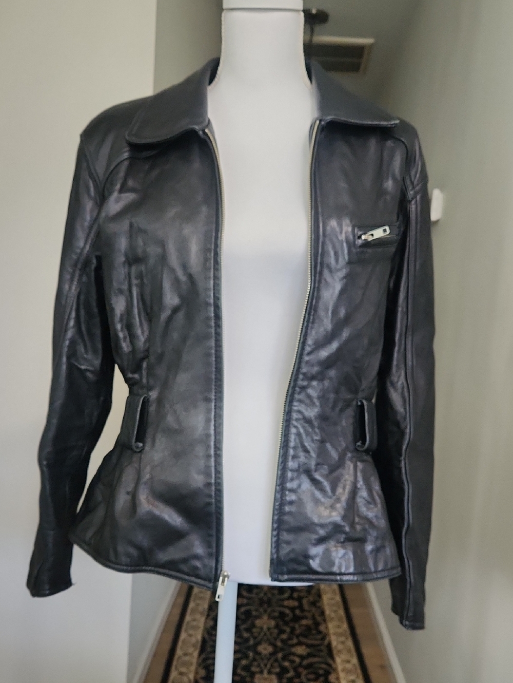 VINTAGE 80s Shoulder Pad Belted Tannery West Women's Black Leather Jacket M - Picture 5 of 16